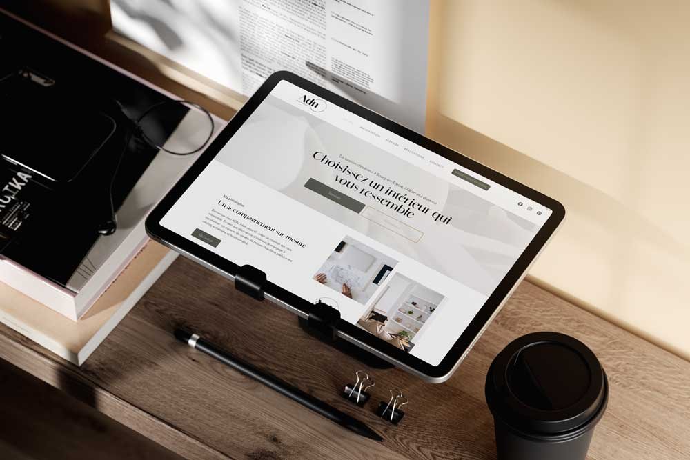 Aperçu du site web de ADN décoration sur une tablette par studio soeurette, agence de communication à bourg en bresse